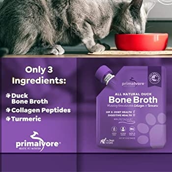 Primalvore's Organic Bone Broth is the best option for cats, as it is made with organic ingredients and does not contain any artificial flavors or colors.
